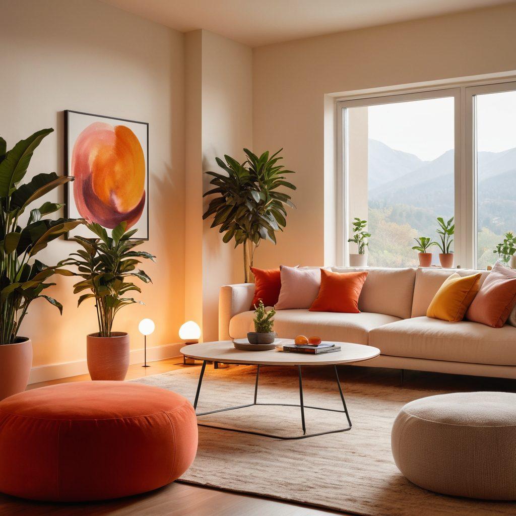 A warm and cozy living room with a soft, glowing light, where a couple interacts with a sleek voice assistant device. Show their affectionate expressions, as gentle sound waves visually emanate from the device, symbolizing the connection between technology and emotion. Include soft textures like plush cushions and vibrant plants to enhance intimacy. Use vibrant colors and a slightly abstract art style to evoke warmth and affection.