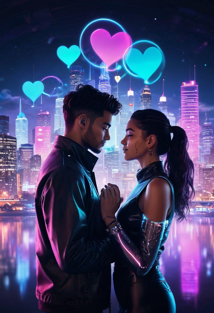 A futuristic couple sharing a romantic moment, surrounded by holographic speech bubbles displaying heartwarming messages and soundwaves symbolizing speech synthesis. The backdrop features a city skyline illuminated with soft neon lights, creating a dreamy atmosphere. Include elements of technology, like floating screens and digital hearts, to emphasize innovation in love. vivid colors. cyberpunk style.